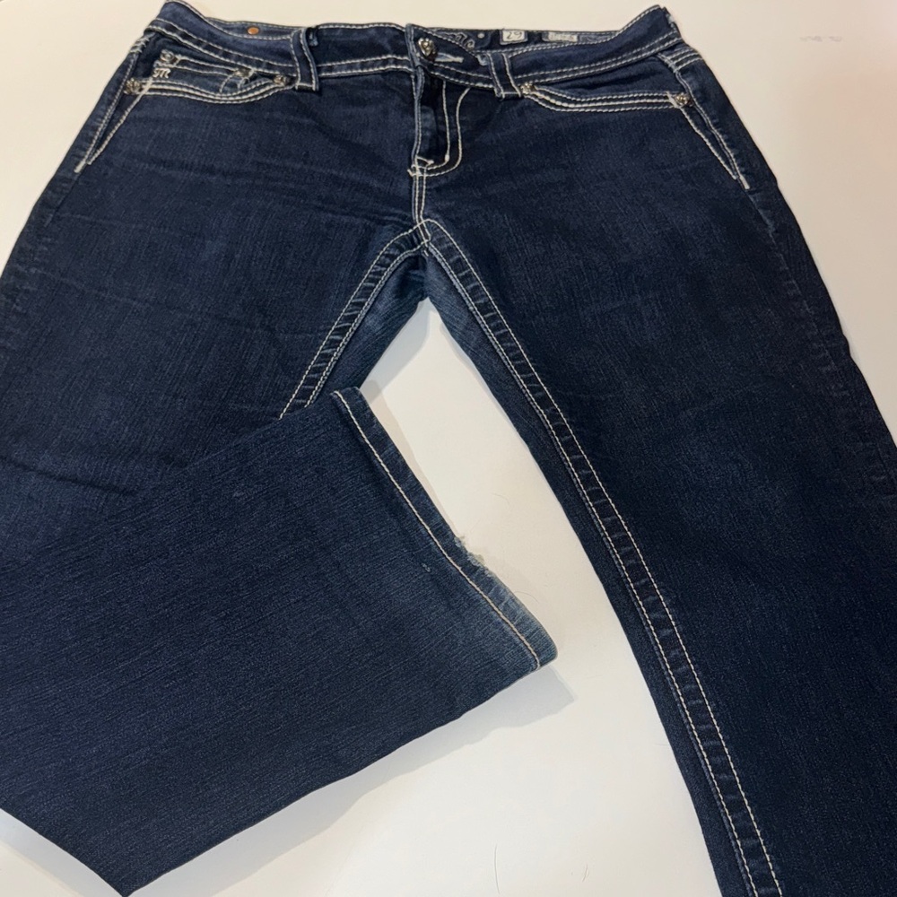 MISS ME Dark Indigo Easy Boot Cut Jeans 29 Bedazzled Dark Blue Denim Rhinestone
